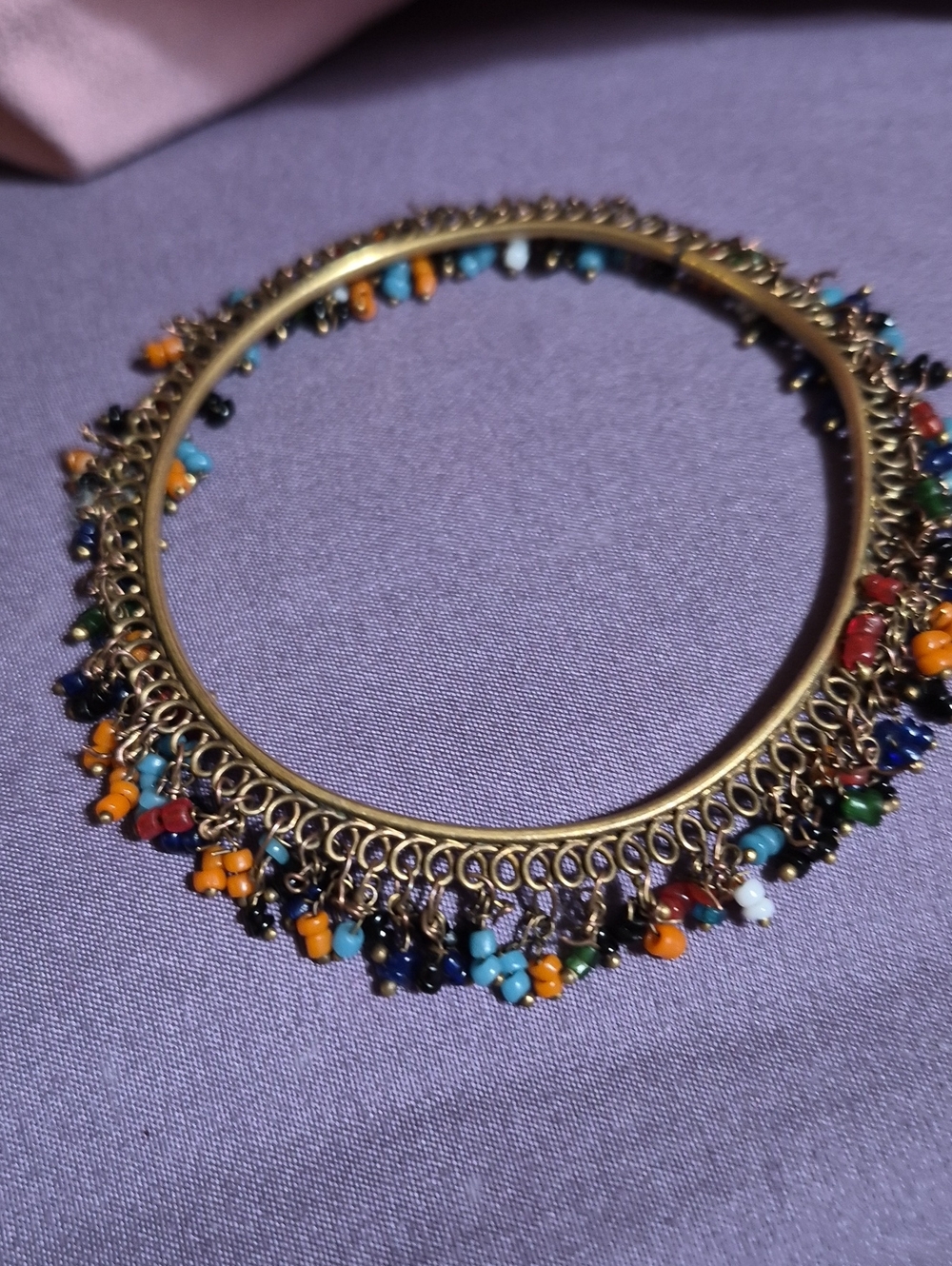 Vintage Multicolor Beaded Charm Dangle Brass Bangle Bracelet